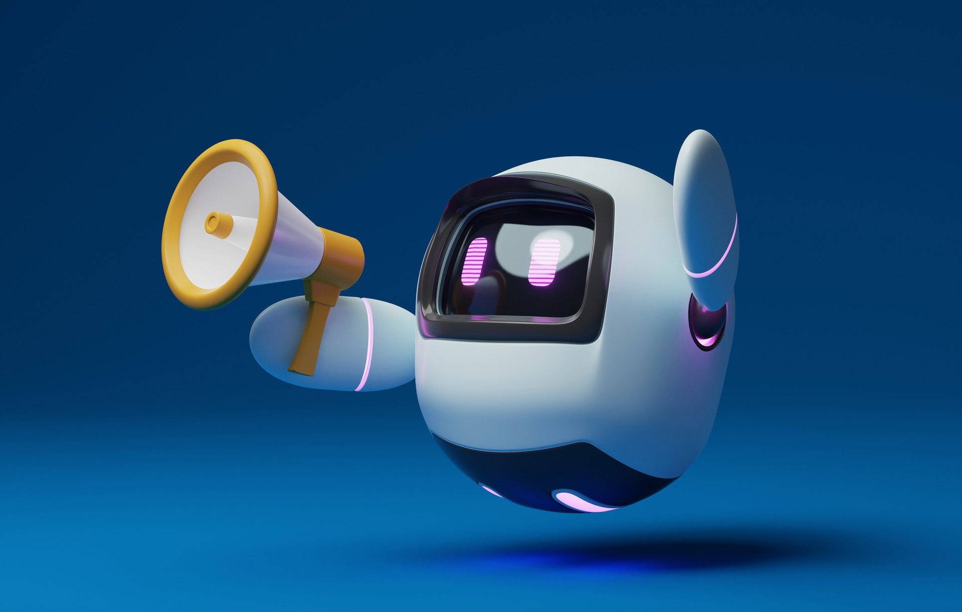 Cute robot holding megaphone on blue background