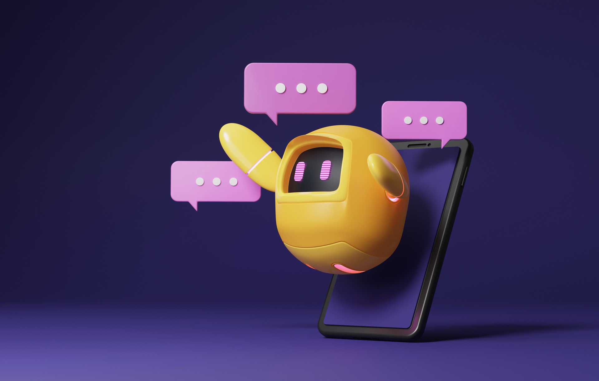 Yellow robot with bright conversational technology and smart phone on purple background