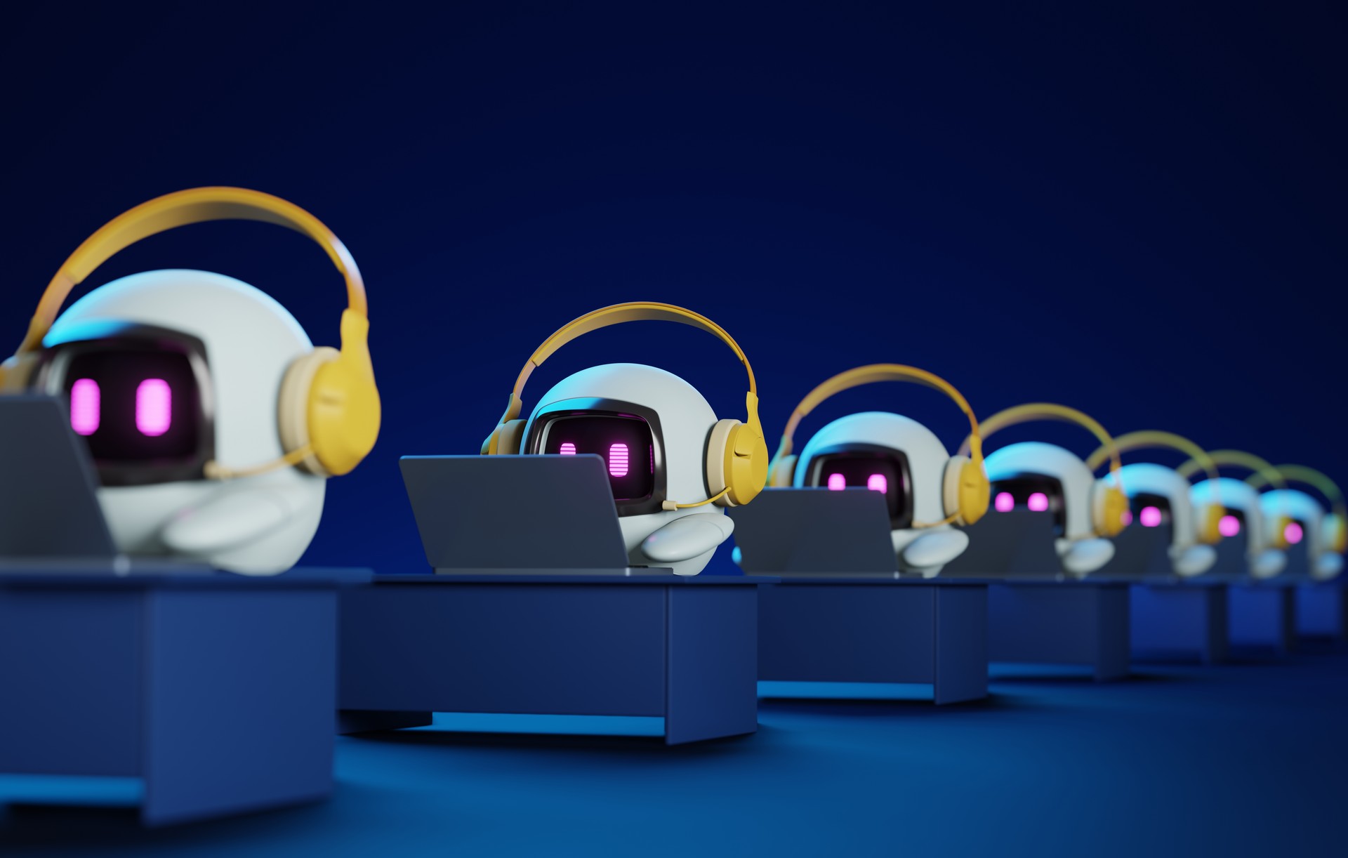 Robot with bright yellow headphones and laptop on blue background