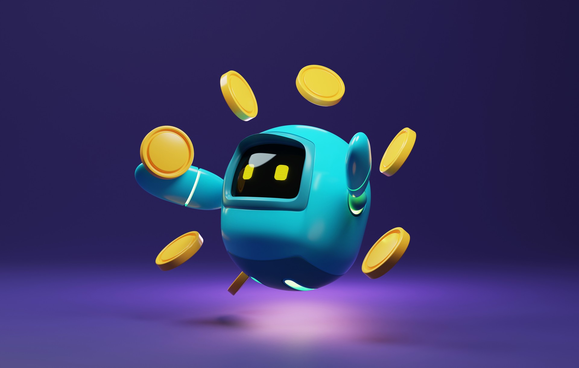 Blue robot holding a coin on purple background