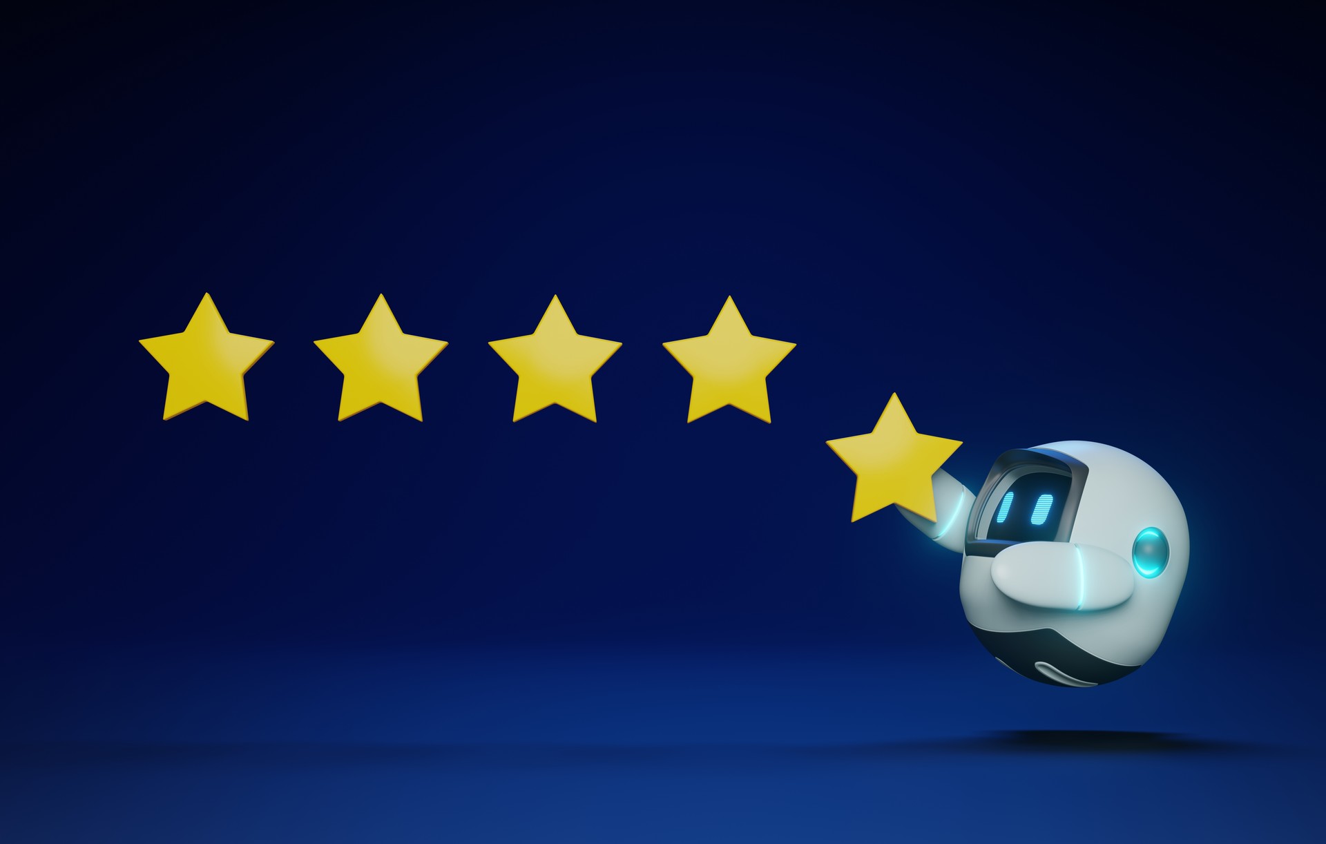 Cheerful 3D Robot Illustrating Customer Satisfaction on Blue Background.